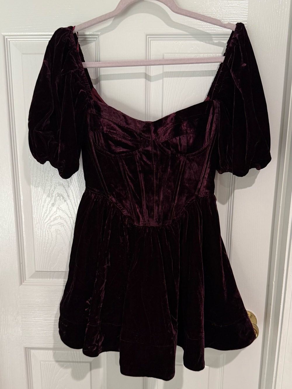 Bardot Deep Burgundy Velvet Puff-Sleeve Dress